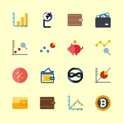 economy vector icons set. bar chart, globe, savings and percentage in this set