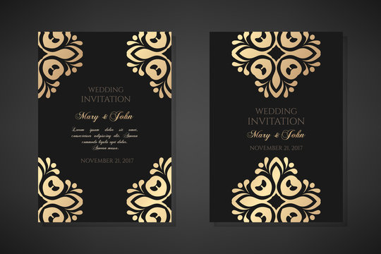 Wedding invitation templates. Cover design with ornaments and black background. Vector decorative vertical posters with copy space.