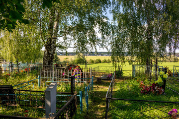 Russian Orthodox cemetery in Obolenskoe village, beautiful view of birch and field. Kaluzhskiy region, Zhukovskiy district