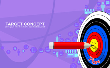 Target marketing business strategy template design. Darts target, pencil and icon on purple background. Vector flat style illustration.