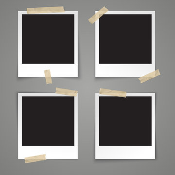 Realistic vector illustration photo frame template with transparent adhesive tape on grey background