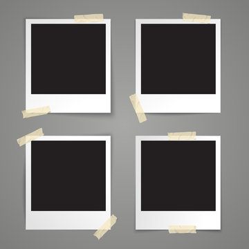 Realistic vector template empty photo frame with adhesive tape on grey background