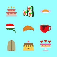eat vector icons set. cream colour shirt, sushi, kruassan and salmon in this set