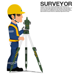 A surveyor is setting up the theodolite on transparent background