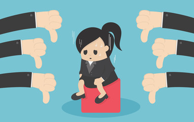 Business woman with many thumbs down hands around him. Business compliment concept