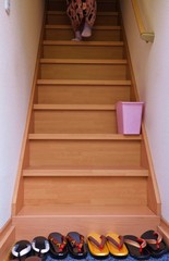 Walking down on a wooden stair with a traditional Japanese dress to choose a compatible colors of a pair of traditional shoes. A pink dustbin kept on a stair sticking at a white wall.