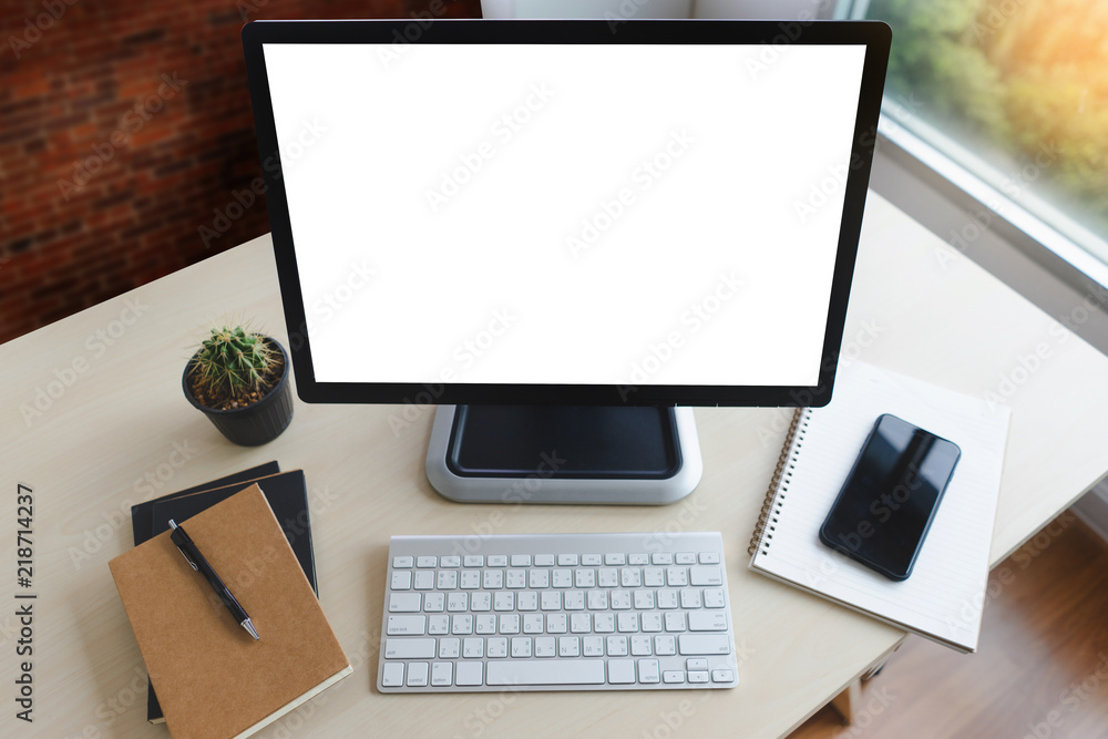 Poster mock up using laptop with blank screen computer modern