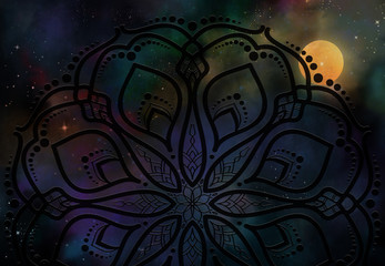 Abstract mandala graphic design and watercolor digital art painting for ancient geometric concept background