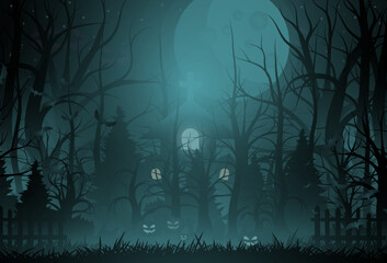 Happy Halloween background and scary tree pumpkin on graveyard full moon dark night and tombstone black bat. church on graveyard. Vector illumination