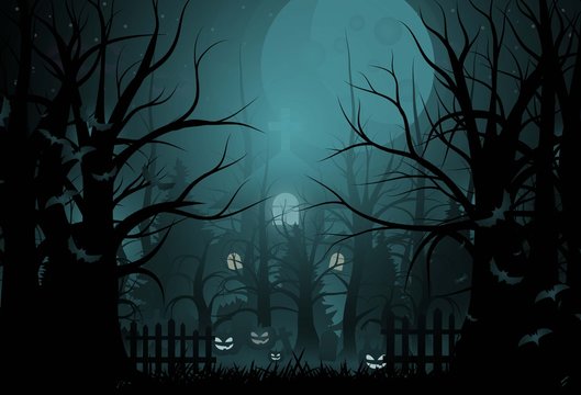 Happy Halloween Background And Scary Tree Pumpkin On Graveyard Full Moon Dark Night And Tombstone Black Bat. Church On Graveyard. Vector Illumination