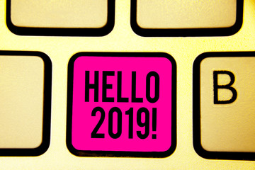 Handwriting text Hello 2019. Concept meaning expression or gesture of greeting answering the telephone Keyboard pink key Intention create computer computing reflection document.