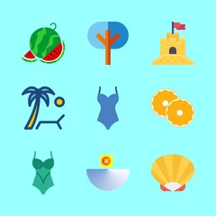 tropical vector icons set. swimsuit, sea, shell and sunbed in this set