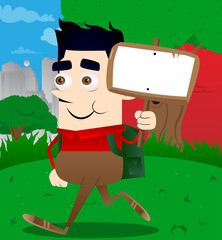 Schoolboy holding blank sign. Vector cartoon character illustration.