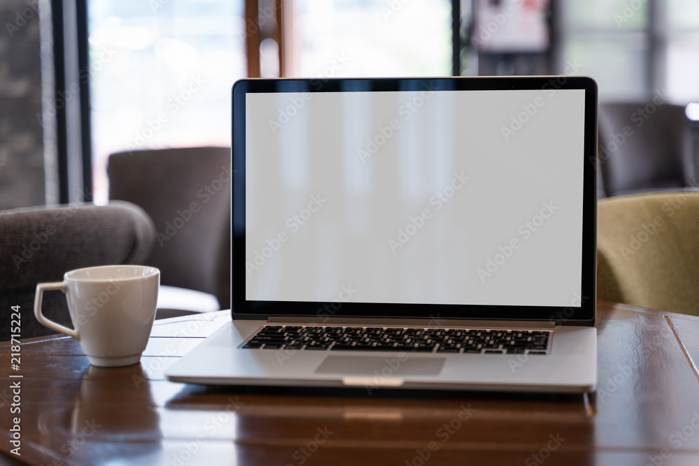 Poster mock up using laptop with blank screen computer modern