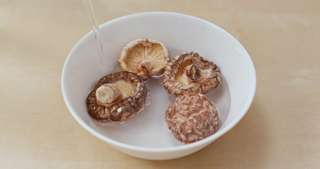 Adding water into white bowl with chinese dry mushroom