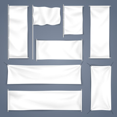 White mock up textile banner with folds, Vector Illustration, set of flag and empty advertising