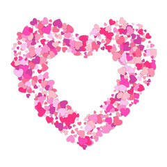 Small pink hearts creates one big. Frame of colorful hearts. Heart isolated on white background. Happy Valentines day template for greeting and postal card.