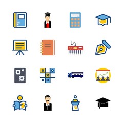 education icons set. bus, diploma, america and conference graphic works