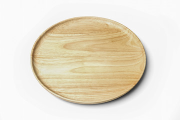 Empty Round Wood Dish or Plate isolated on White Background Use for Food Display. Perspective view.