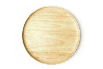 Empty Round Wood Dish or Plate isolated on White Background Use for Food Display. Top View. Clipping Path Included.