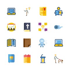 education vector icons set. laptop, bible, comet and title in this set