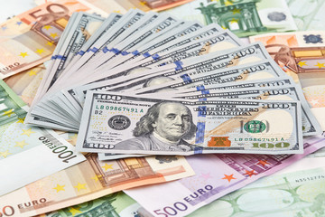 A lot of euro and american dollars banknotes. Background