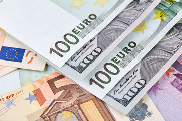 A lot of euro and american dollars banknotes. Background