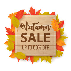 Autumn sale background with leaves. Can be used for shopping sale, promo poster, banner, flyer, invitation, website or greeting card. Vector illustration - obrazy, fototapety, plakaty