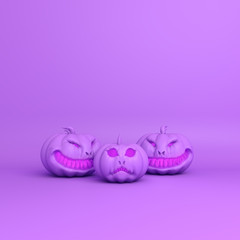 Smiling purple violet pastel pumpkin head jack  lantern, copy space text. Design creative for  happy Halloween festival, 3D rendering illustration.