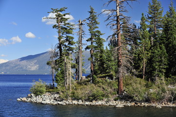 USA. A picturesque island on the high mountain lake of Tahoe.