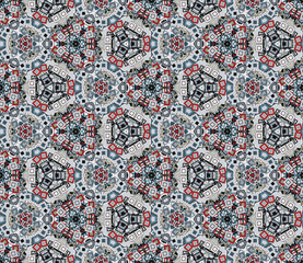 Kaleidoscope abstract seamless pattern, background. Composed of multicolored geometric shapes. Useful as design element for texture and artistic compositions.
