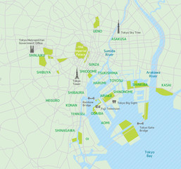 Obraz premium Mapa drogowa w rejonie Zatoki Tokijskiej (z nazwami miejsc, miejscami zwiedzania)
