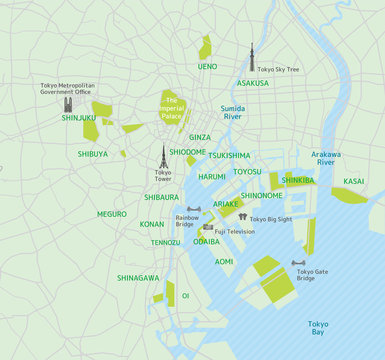 Tokyo bay area road map ( with place names, sightseeing spots)