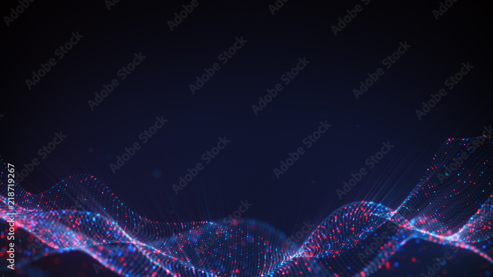 Poster purple sci-fi surface of glowing particles abstract 3d rendering