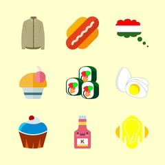 eat vector icons set. cream colour shirt, energy set logo, hot dog and ketchup in this set