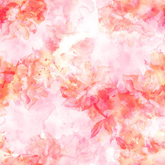 Seamless pattern with abstract watercolor roses with splashes of paint, pink toned
