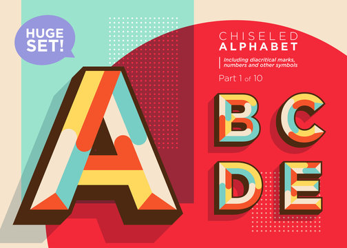 Vector Mosaic Typeset. Textured Geometric Type. Trendy Retro Typography for DJ Music Poster, Club Flyer, Fest Invitation, Game Design. Old Vintage Alphabet. Colorful Hipster Background. Funky Font..