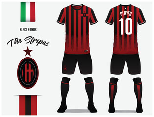 Soccer jersey or football kit template for football club. Red and black stripe football shirt with sock and pants mock up. Front and back view soccer uniform. Football logo and Flag label. Vector.