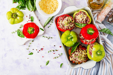 Ingredients for preparation of stuffed pepper with minced meat and buckwheat porridge. Tasty food. Flat lay. Top view