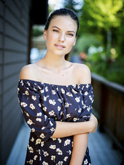 Outdoor atmospheric fashion photo of young beautiful lady