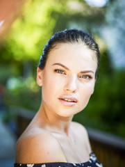 Outdoor atmospheric fashion photo of young beautiful lady