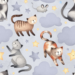 Watercolor illustration of cute cats. Seamless pattern