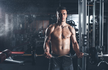 Tranquil guy is concentrated on upper body workout. He is standing and lifting barbell. Copy space in left side
