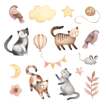 Watercolor illustrations of cute cats, mouse, birds, stars, clouds
