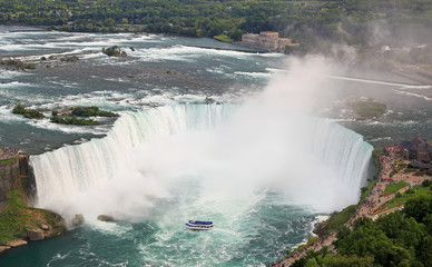 Horseshoe Falls in Niagara and Maid of the Mist boat, aerial view