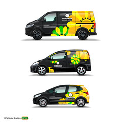 Mocup set with advertisement on Black Car, Cargo Van, and delivery Van.