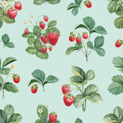 Watercolor illustration of strawberry bush. Seamless pattern