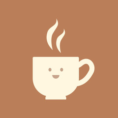 Coffee mug with a happy smiling face simple character, vector