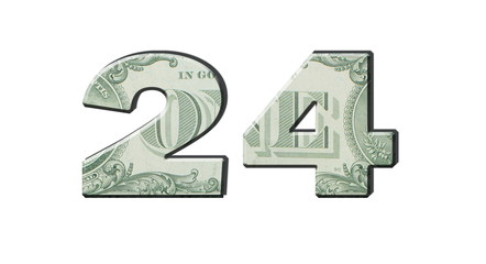 24 Number. American dollar banknotes. Money texture. Isolated on white background