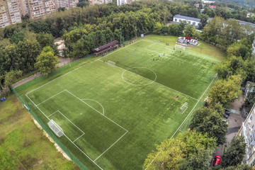 Artificial football field in Moscow. View above. Stadion Kuntsevo, Mozhayskoye Shosse.